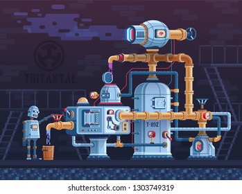 Steampunk fantastic intricate industrial machine with pipes, wires, tanks and control panels. The complex of metal parts of devices is controlled by a robot. Vector flat illustration.