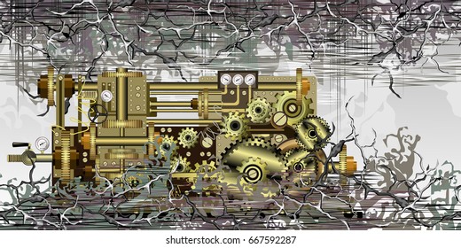 Steampunk fantastic machine with brass gears, pipes and other devices on abstract surreal background. Hand drawn vector illustration for t-shirt print design.