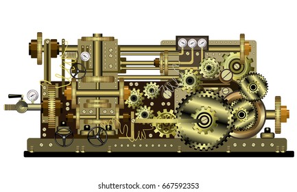 Steampunk fantastic machine with brass gears, pipes and other devices. Hand drawn vector illustration isolated on white background for games, web and t-shirt print design. 