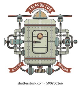 Steampunk  fantastic machine for teleportation. Apparatus interweaving with pipes, cables devices. Shadow, outline, color on separate layers.