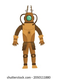 Steampunk fashion technology, fantasy vintage illustration with cartoon man in steampunk robot costume. Steam punk invention. People character with mechanical element