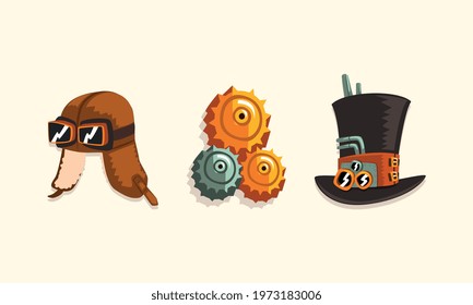 Steampunk Fictional Objects and Mechanism with Mechanical Top Hat and Cogwheels Vector Set