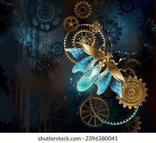 luciérnagas de vapor con alas transparentes azules y bombilla verde sobre fondo gastado, marrón y texturado. Estilo Steampunk. Arte vector dibujado a mano.