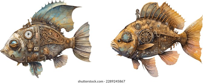 Clíparte de peces Steampunk, ilustración vectorial aislada.