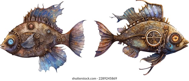 Clíparte de peces Steampunk, ilustración vectorial aislada.