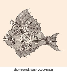 Steampunk fish-shaped submarine with steam engine. Vector image isolated on beige background.