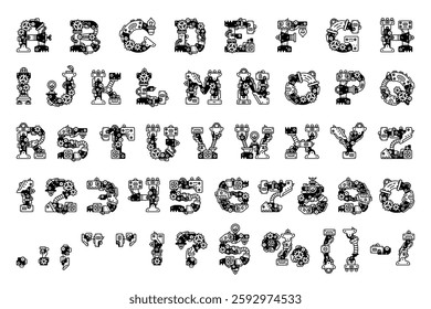 Steampunk font, machine gear typeface, mechanic type, english alphabet letters and numbers with vector thin line mechanical parts, pipes, screws and cogwheels. Steam punk alphabet font typography set