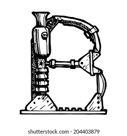 steampunk font  made of different technical pieces: pipes, blocks, screws, etc. Stylized as engraving. Letter B.