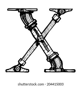 Steampunk font  made of different technical pieces: pipes, blocks, screws, etc. Stylized as engraving. Letter X.