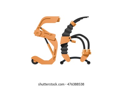 steampunk font made of different technical pieces: pipes, blocks, screws, etc. Numbers five and six