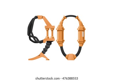 steampunk font made of different technical pieces: pipes, blocks, screws, etc. Numbers nine and zero. 
