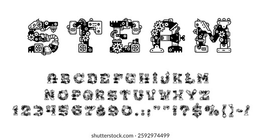 Steampunk font, mechanic type, machine gear typeface, english alphabet vector typography set. Steam punk letters and numbers font with hand drawn outline mechanical gears, gauges, screws and pipes