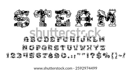 Steampunk font, mechanic type, machine gear typeface, english alphabet vector typography set. Steam punk letters and numbers font with hand drawn outline mechanical gears, gauges, screws and pipes