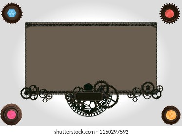 Steampunk frame banner with mechanical cogs and gears. Steam punk gems isolated