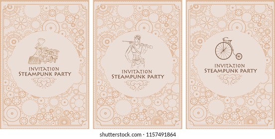 Steampunk frame set. Vintage background train, girl, clock, bike, cogs, gears. Invitation letter
