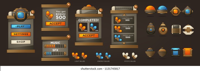 Steampunk Full Asset for your Mobile Game, retro futuristic mechanical objects and UI collection