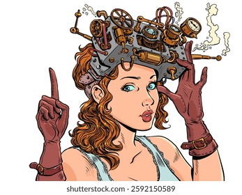 Steampunk future and technology. Woman in VR glasses. Scientific progress with new mechanisms. Pop Art Retro Vector Illustration Kitsch Vintage 50s 60s Style. On a white background