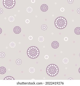 Steampunk gear and cogwheel flower Background seamless pattern in warm gray and slow purple colors