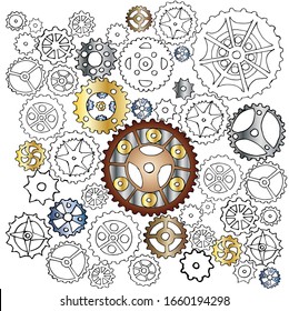 Steampunk gear collection. Set Vector vintage transmission cogwheels and gears Hand-drawn. Doodle style.