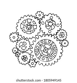 Steampunk gear collection. Vintage transmission cogwheels and gears. Can be used for industrial, technical, mechanical and steampunk design. Hand-drawn. Coloring page for children and adults. 