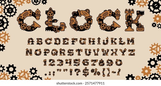 Steampunk gear font, mechanic type, machine typography typeface, fantasy English alphabet with intricate details evokes fantasy and industrial vibes. Vector creative abc letters, symbols and numbers