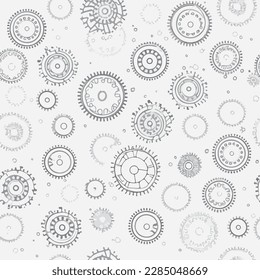steampunk gears seamless pattern, grey on white background, hand drawn vector illustration
