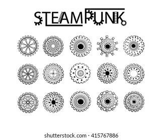 Steampunk gear-wheel round elements. Set.Black color