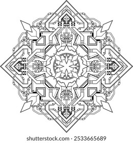 Steampunk Geometric Industrial Elementos técnicos Mandala. Mandala isolado vetorial para colorir página de livro 