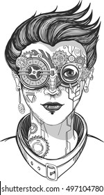 steampunk girl, monochrome vector illustration, t-shirt print or tattoo.