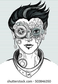 steampunk girl, monochrome vector illustration, t-shirt print or tattoo.