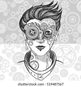 steampunk girl, monochrome vector illustration, t-shirt print or tattoo