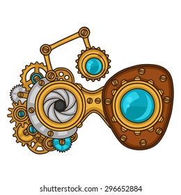 Steampunk glasses collage of metal gears in doodle style.