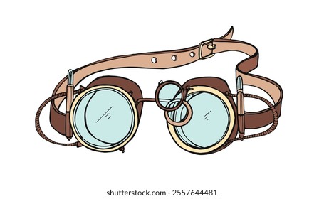 Steampunk goggles in retro design. Vintage eyewear with mechanical optical gears, straps. Steam-punk style glasses, spectacles, industrial aesthetics. Vector illustration isolated on white background