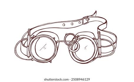 Steampunk goggles, vintage design. Detailed drawing, retro eyewear with gears, mechanical elements. Industrial Victorian steam-punk eyeglasses. Drawn vector illustration isolated on white background