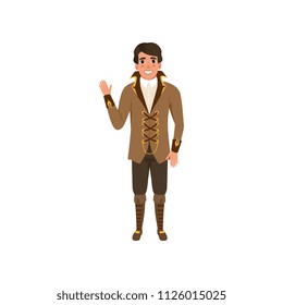 Steampunk guy waving hand. Man in jacket with lacing and high collar, shirt, pants and boots. Costume for festival. Flat vector design