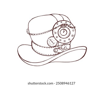 Steampunk hat, vintage design with retro-futuristic industrial gears, chain, clock. Steam-punk headwear with mechanical accessories. Hand-drawn vector illustration isolated on white background