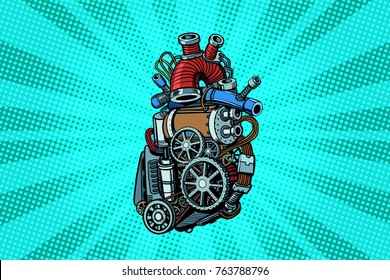Steampunk heart motor. Pop art retro vector illustration