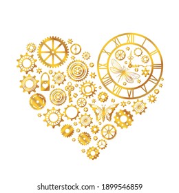 Steampunk heart shape. Vector golden gears 