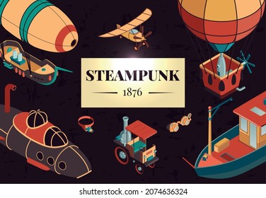 Steampunk horizontal vector illustration with zeppelin ship submarine air balloon cartoon icons in retro style