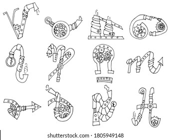 Steampunk horoscope. Vector illustration of zodiac signs in the style of steampunk. A set of hand-drawn zodiac icons made of gears and nuts. Fantastic coloring pages for children.