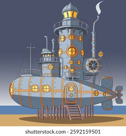 Steampunk house lighthouse in a submarine on the beach