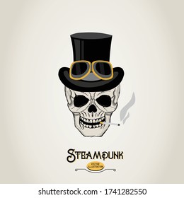 Steampunk human skull with hat and goggles
