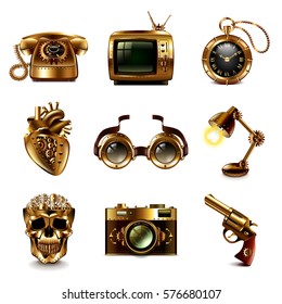 Steampunk Icons Detailed Photo Realistic Vector Set