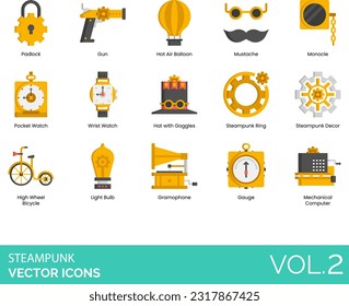 Iconos Steampunk incluyendo Aéter, Alternativa, Historia, Analógico, Sistema, Automatía, Máquina Autooperativa, Cámara, Reloj, Abrigo, Brújula, Corset, Vestido, Ficción, Volante, Máquina, Gas, Máscara, Lámpara