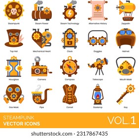 Steampunk-Symbole wie Äther, alternative Geschichte, Analogsystem, Automatik, Kamera, Uhren, Coat, Kompass, Korset, Kleidung, Fiction, Flugmaschine, Gasmaske, Gaslampe, Zahnglöcher, Gramophon 