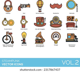 Steampunk-Symbole wie Äther, alternative Geschichte, analoges System, Automatik (Selbstbedienungsmaschine), Beutel, Kamera, Uhren, Mantel, Kompass, Korsett, Kleidung, Fiktion, Flugmaschine, Gasmaske, Gaslampe