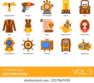 Steampunk-Symbole wie Äther, alternative Geschichte, Analogsystem, Automatik, Kamera, Uhren, Coat, Kompass, Korset, Kleidung, Fiction, Flugmaschine, Gasmaske, Gaslampe, Zahnglöcher, Gramophon 