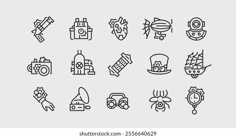 Steampunk Icons. Set of 15 Steampunk Trendy Minimal Icons. Mechanical arm, steampunk heart, camera, airship, hat icon. Design signs for web page, mobile app, packaging design. Vector illustration