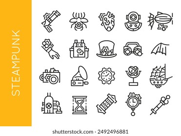 Iconos Steampunk. Conjunto de 20 iconos de moda minimalista Steampunk. Brazo mecánico, corazón steampunk, cámara, dirigible, icono de sombrero. Diseño de carteles para página de Web, App móvil, diseño de envases. Ilustración vectorial