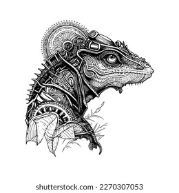 Das Steampunk-iguana-Logo zeichnet sich durch eine stilisierte, mechanische Leguana mit dampfbetriebenen Elementen aus und vermittelt eine Mischung aus Natur und Technologie